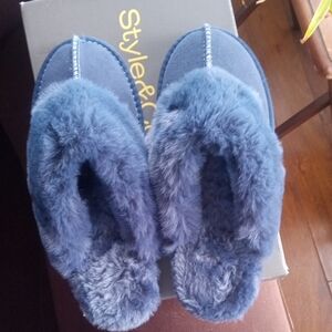 Style & Co. Women's Deep Blue Fur Slippers Genuine Suede Size 8 New